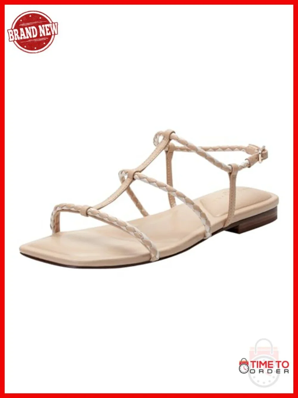 Braided Strappy Square Toe Flat Sandals with Ankle Buckle